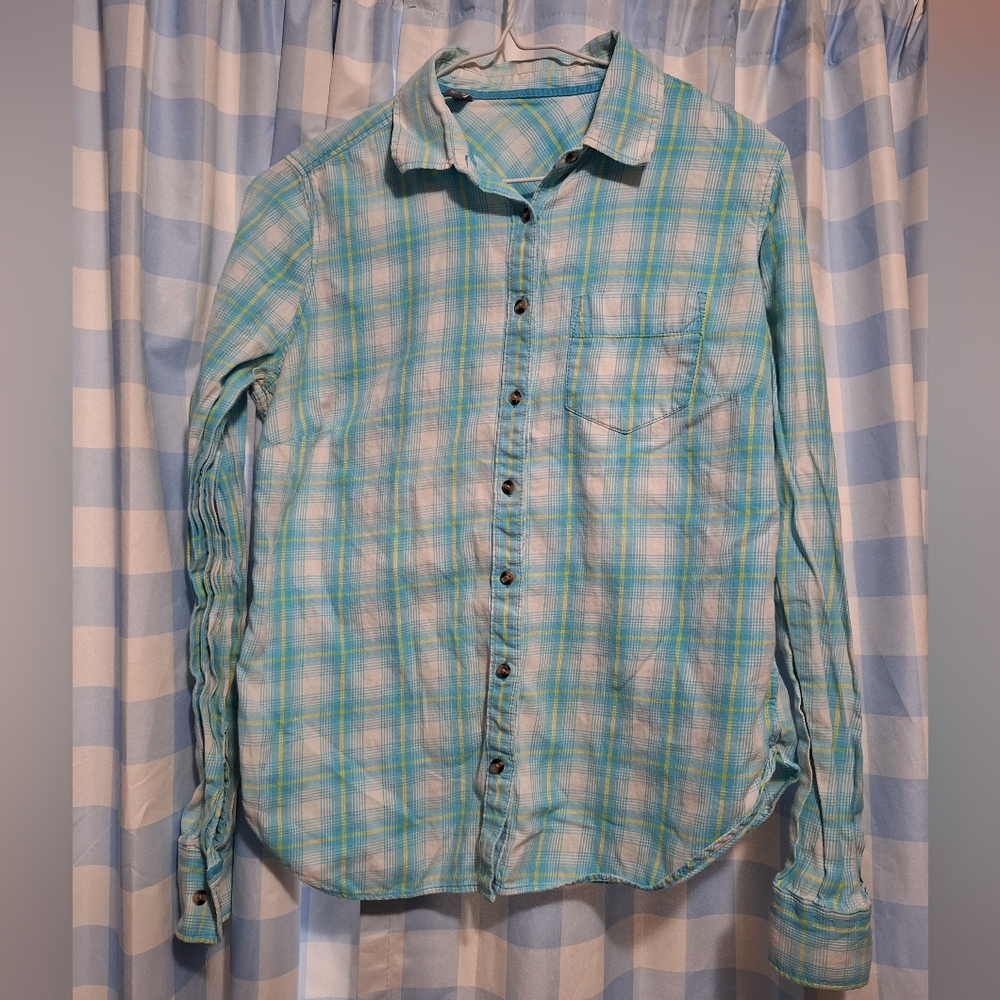 Women's Aqua Plaid Button-down